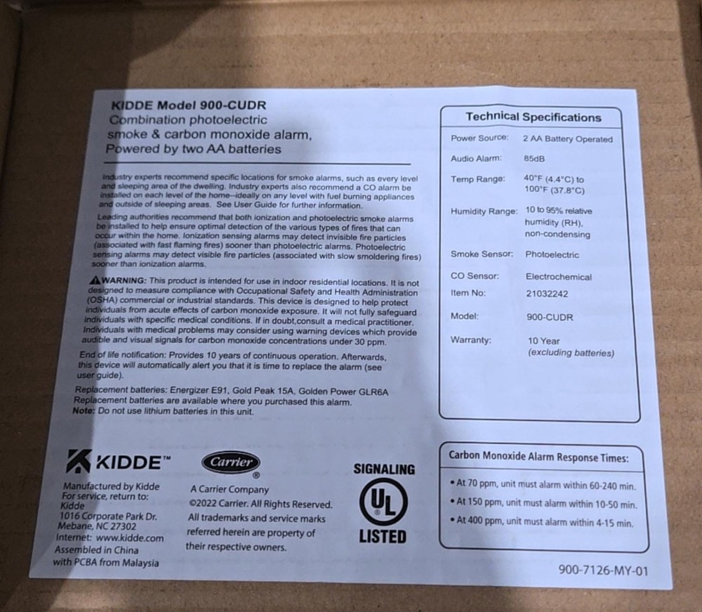 Kidde Smoke & Carbon Monoxide Detector, AA Battery Powered, LED Warning Light