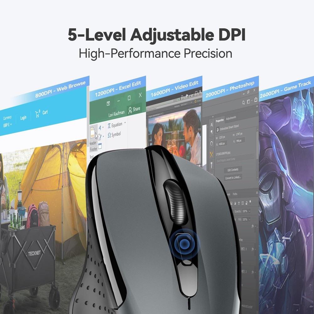 TECKNET Wireless Mouse, 2.4G Ergonomic Optical Computer Mouse for Grey