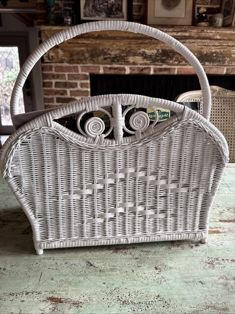 Vintage White Wicker Magazine Rack Storage Stand