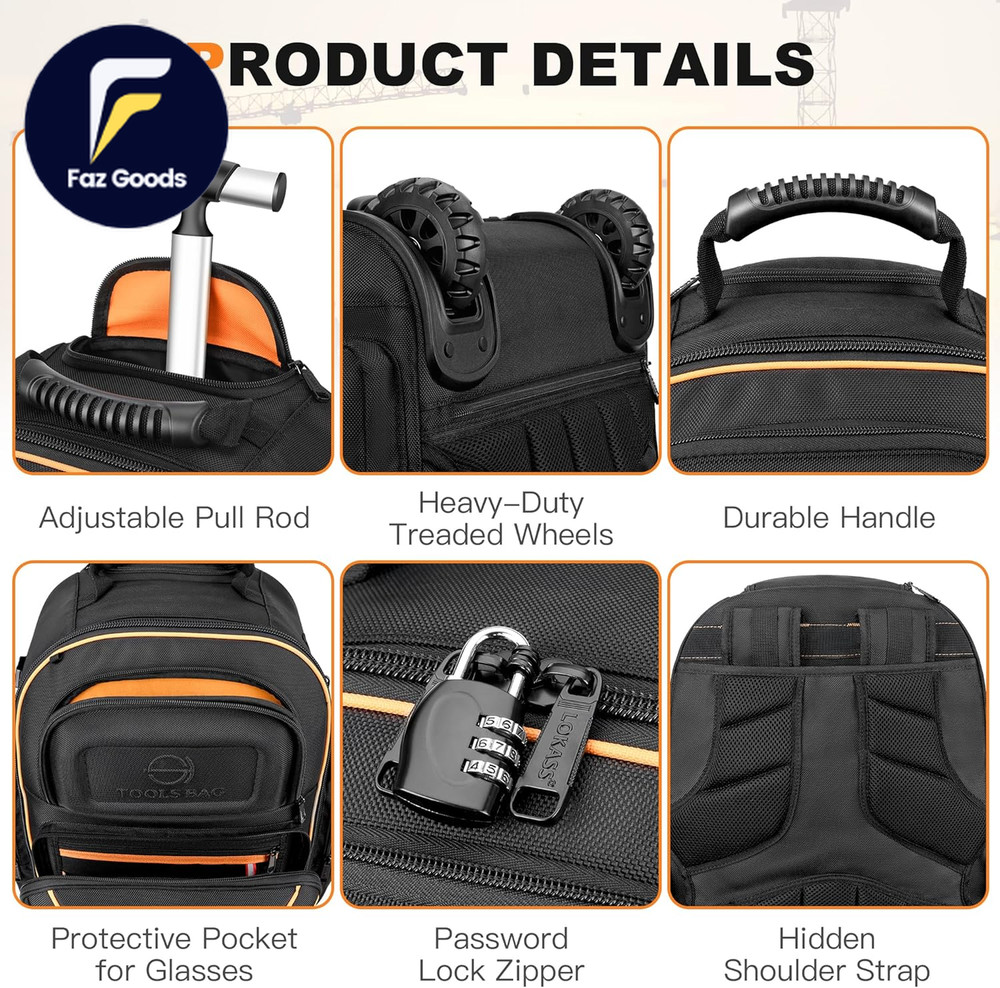 Backpack Tool Bag with Wheel Rolling Tool Backpack for Electrician Heavy Duty