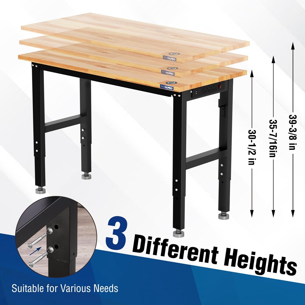 WORKPRO 48" Adjustable Height Workbench Hardwood Work Table Power Outlets 1500LB