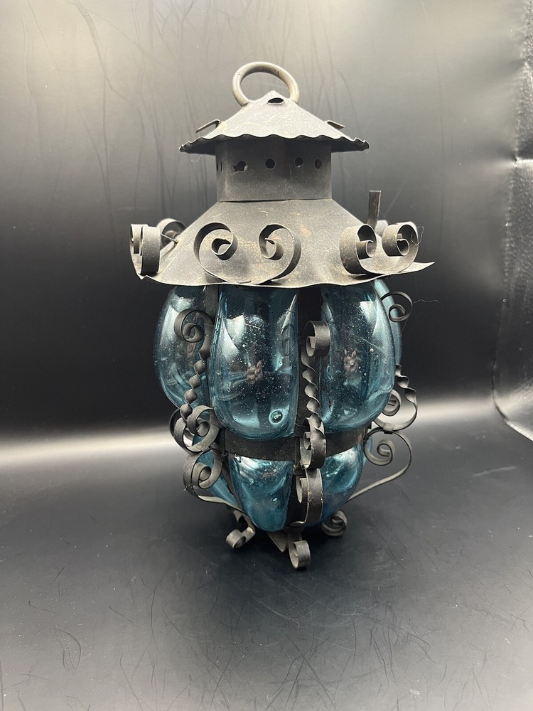 Old Handblown Blue Glass And Iron Lantern