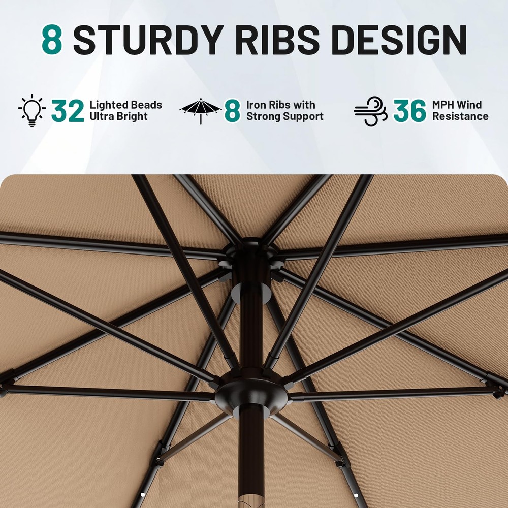 AreShark 9FT Patio Umbrella with Solar Lights, 32 Lighted Pool 9 FT, Beige