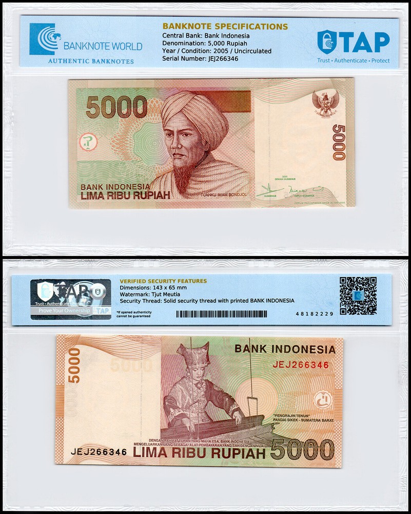 Indonesia 5000 Rupiah, 2005, P-142e, UNC, Authenticated Banknote