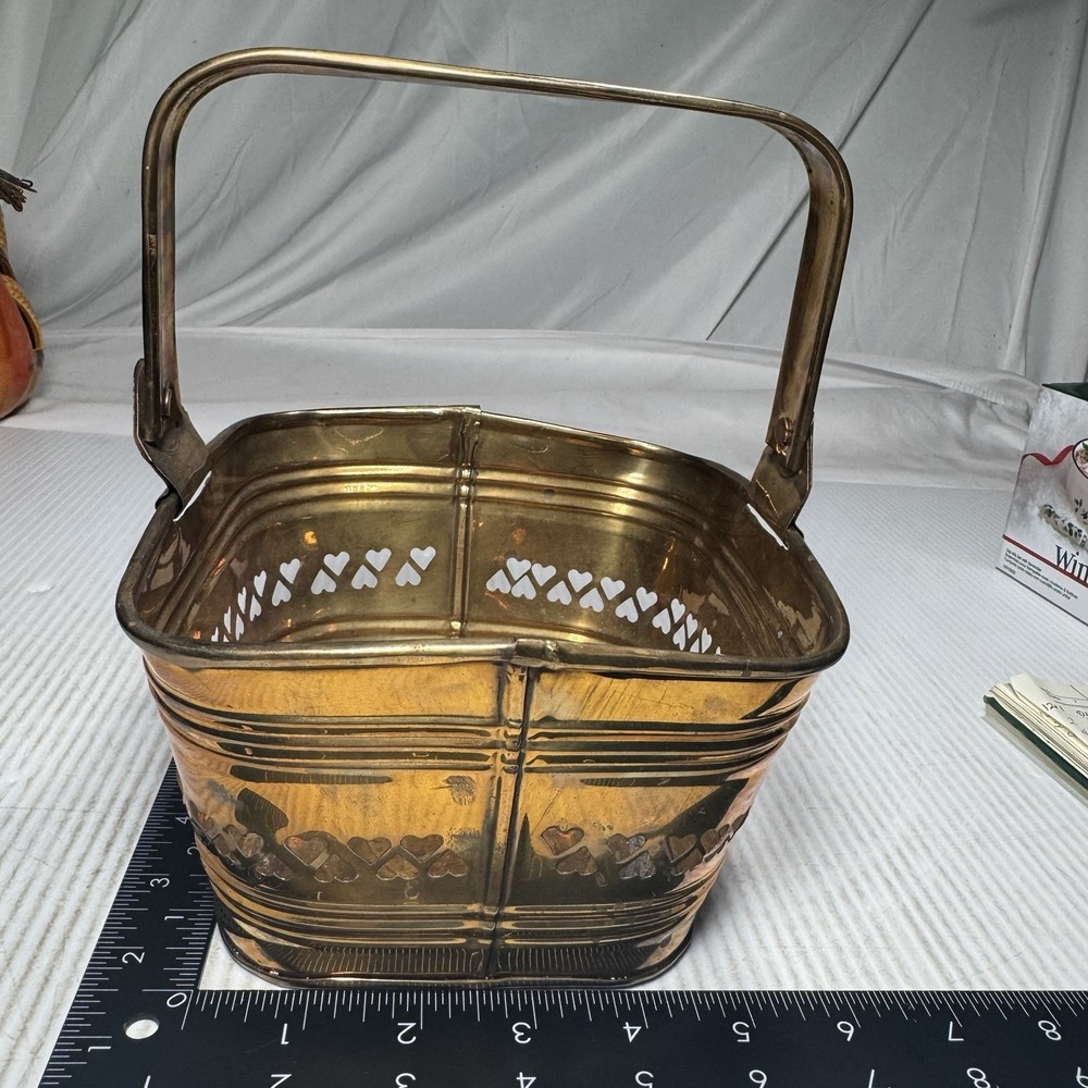 Vintage Solid Brass Basket W Hearts And Moveable Handle Square Made In India
