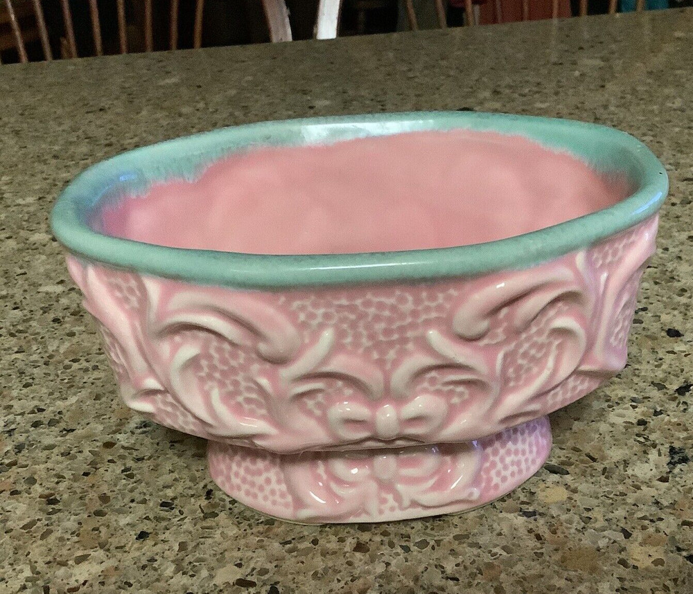 Vintage Pink Blue Rim Pottery Planter
