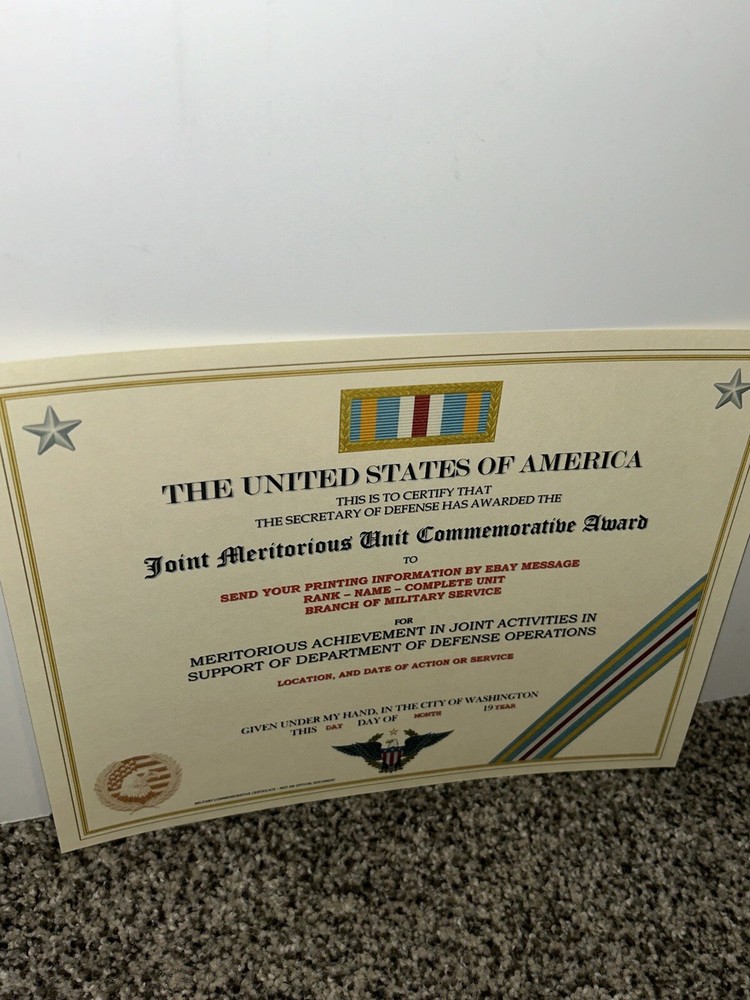 JOINT MERITORIOUS UNIT COMMEMORATIVE AWARD CERTIFICATE ~W/PRINTING T-1