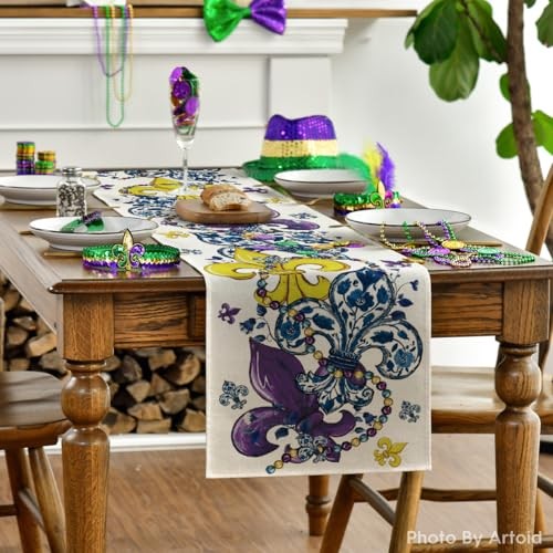 Bead Carnival Iris Mardi Gras Table Runner, Seasonal Kitchen Dining Table