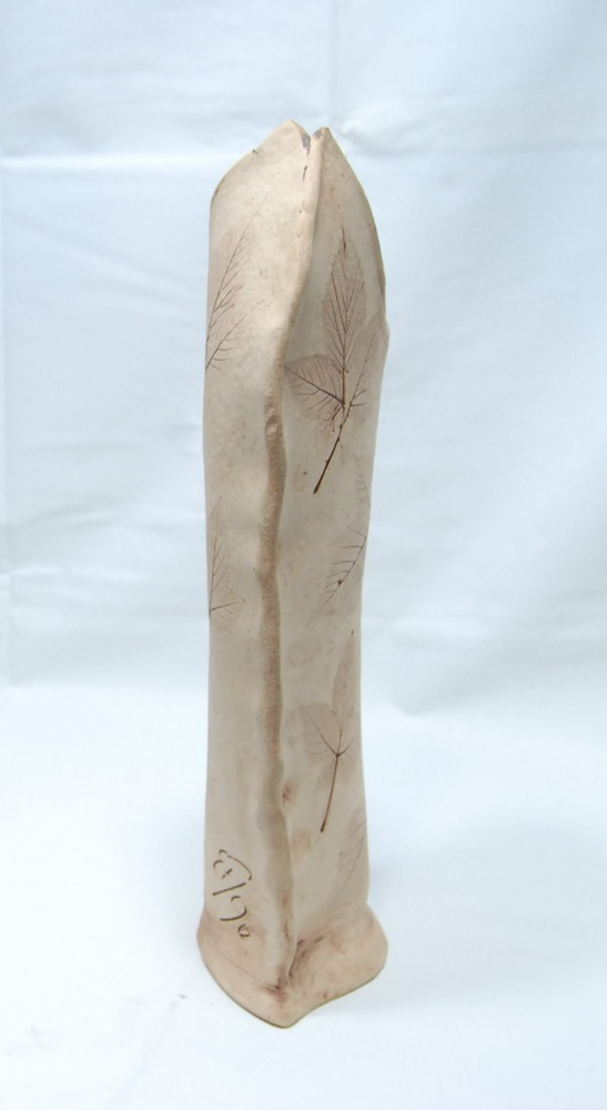 stoneware cylinder vase leaves impressed signed
