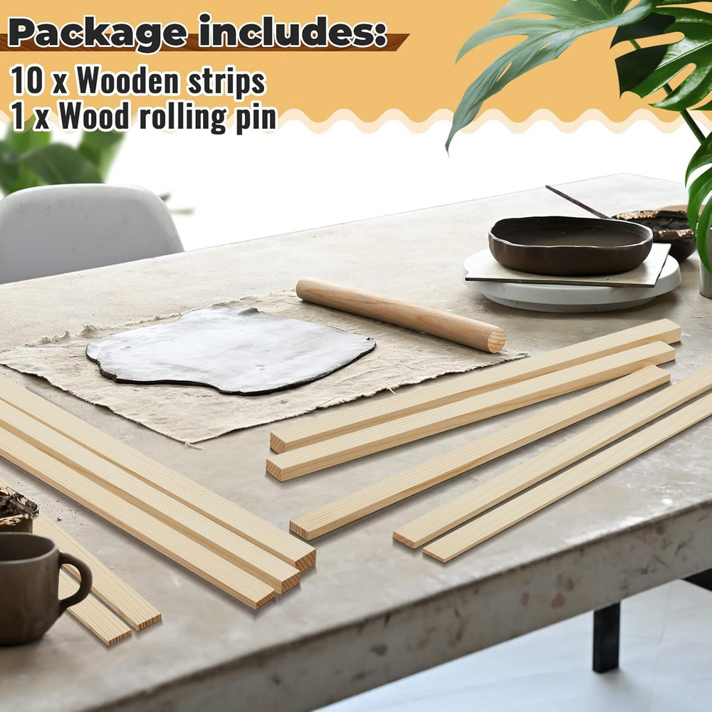 11 Pcs Pottery Teaching Rolling Mud Stick Guide and Wood Rolling Pin Set Include