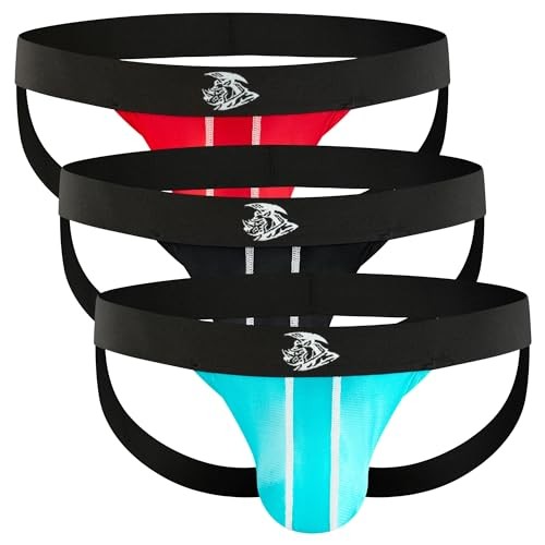 Real Men Nylon Mesh Jockstrap 3 Medium D Pouch 3 Pack - Black/Light Blue/Red