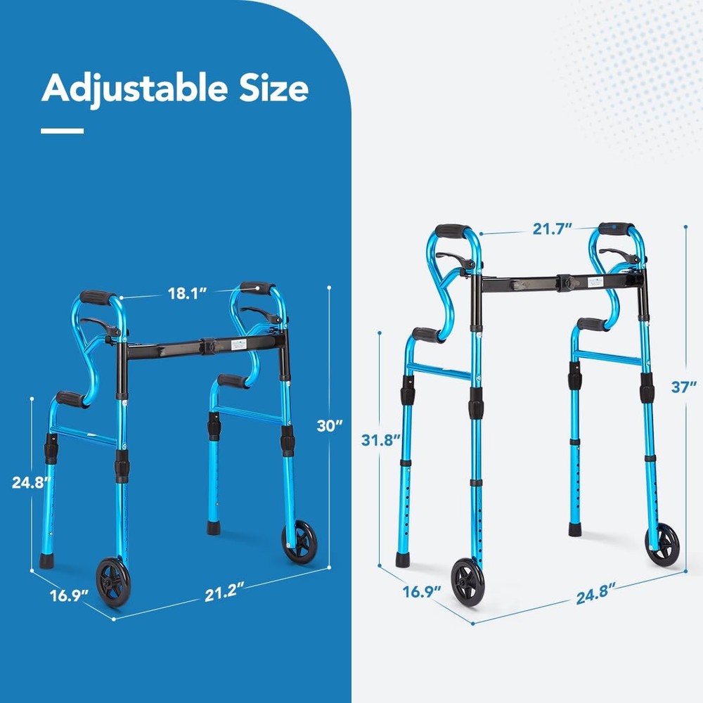 3 in 1 Folding Walker with 5” Front Wheels by Width Adjustable Compact Stand