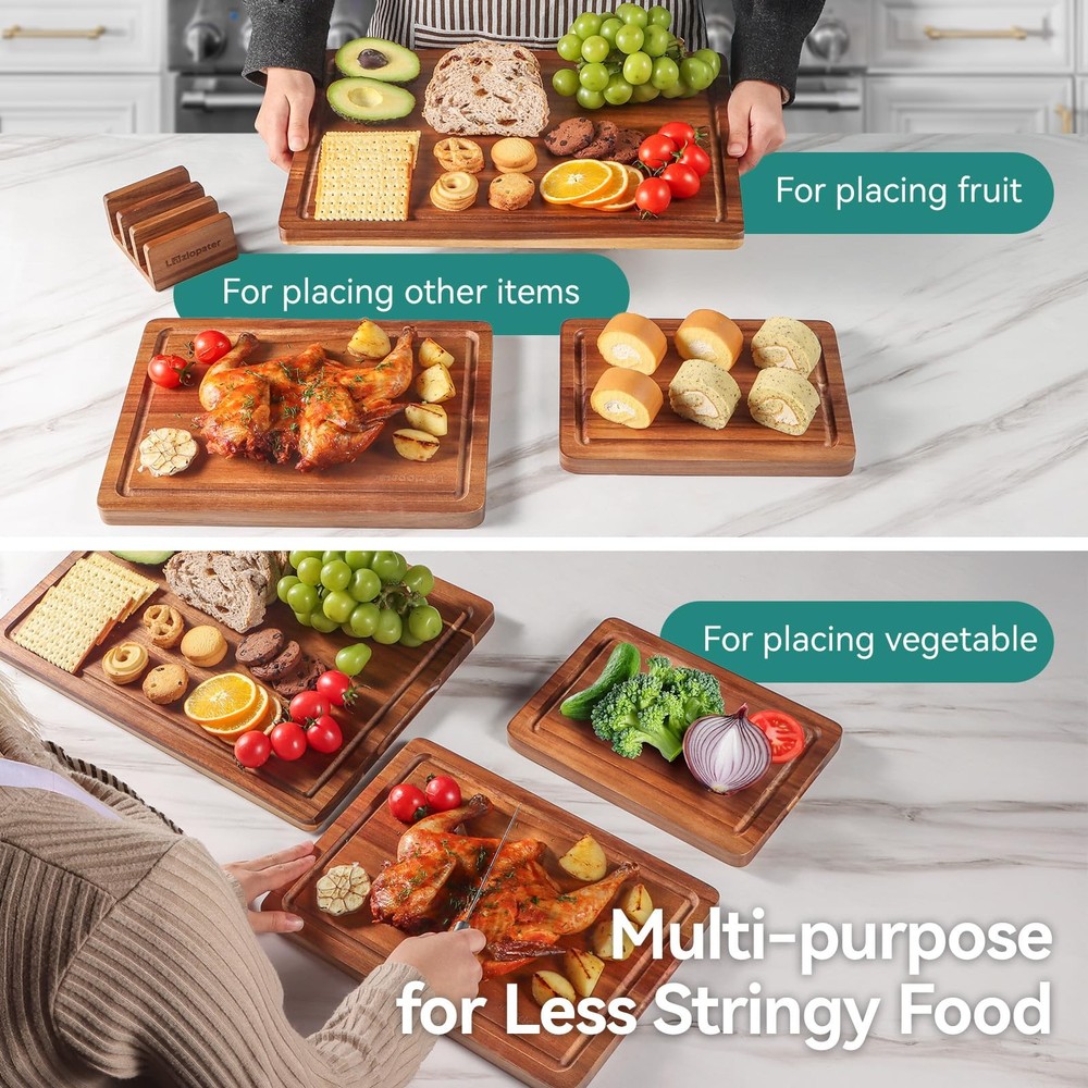 Acacia Wood Cutting Board，Solid Wood Cutting Board for Kitchen with Holder wi...