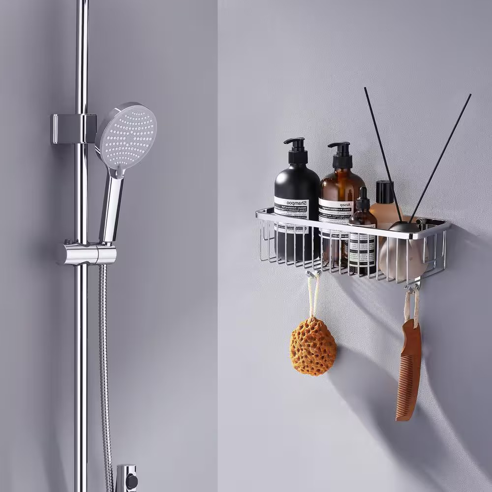 2 Pack Wall Mounted Rectangle Shower Caddy Shower Basket with 2 Detachable Hooks