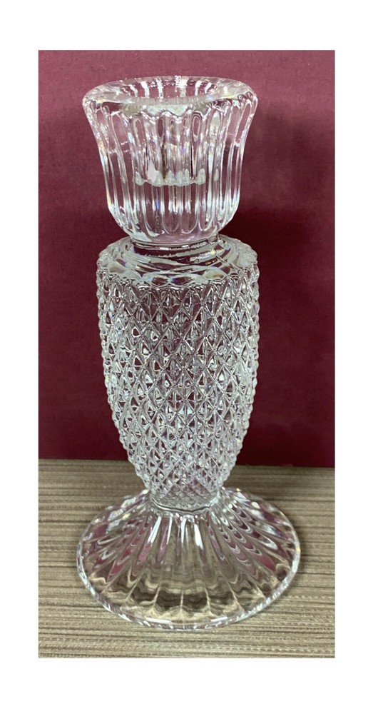 CLEAR HEAVY CRYSTAL DIAMOND POINT CANDLESTICK HOLDER - BEAUTIFUL