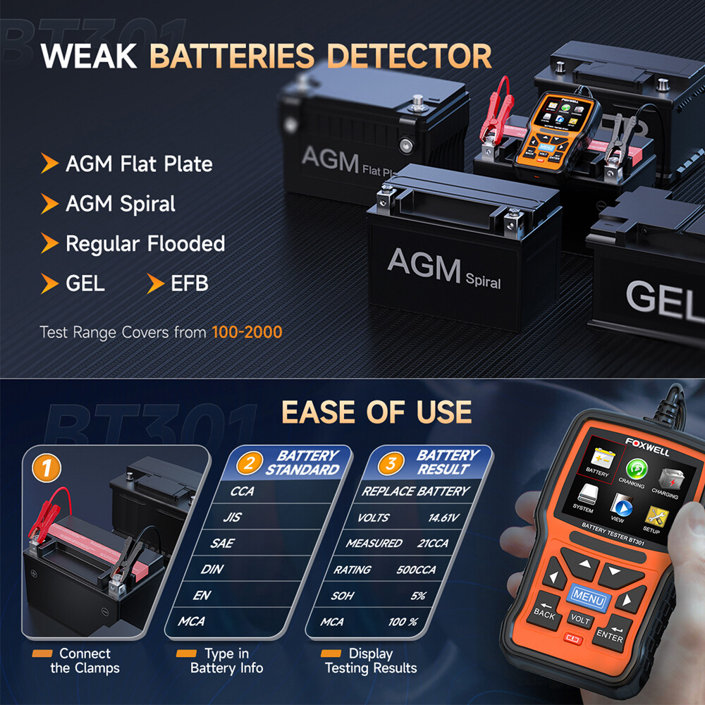 FOXWELL BT301 Auto Battery Tester Electrical System Diagnostic & Analysis Tool