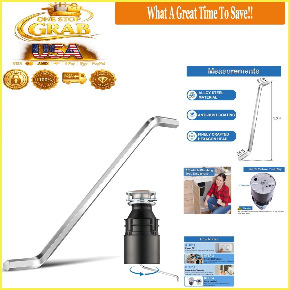 Garbage Disposal Wrench Stainless Steel Unjamming Tool for Insinkerator Silver