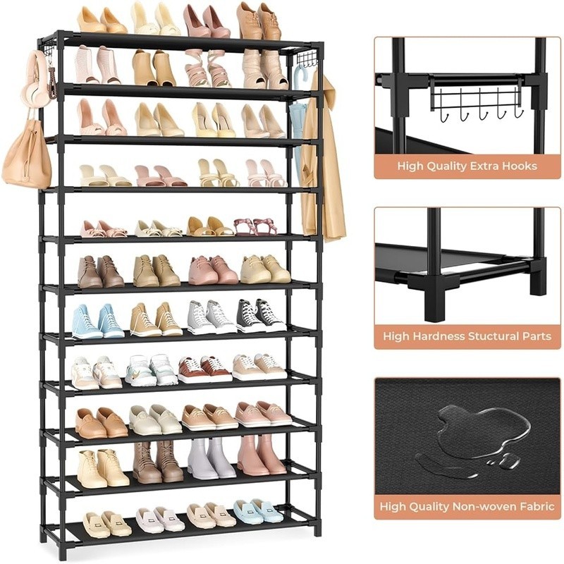 11 Tier Shoe Rack Large Capacity Storage Organizer W/ Hooks Waterproof Durable