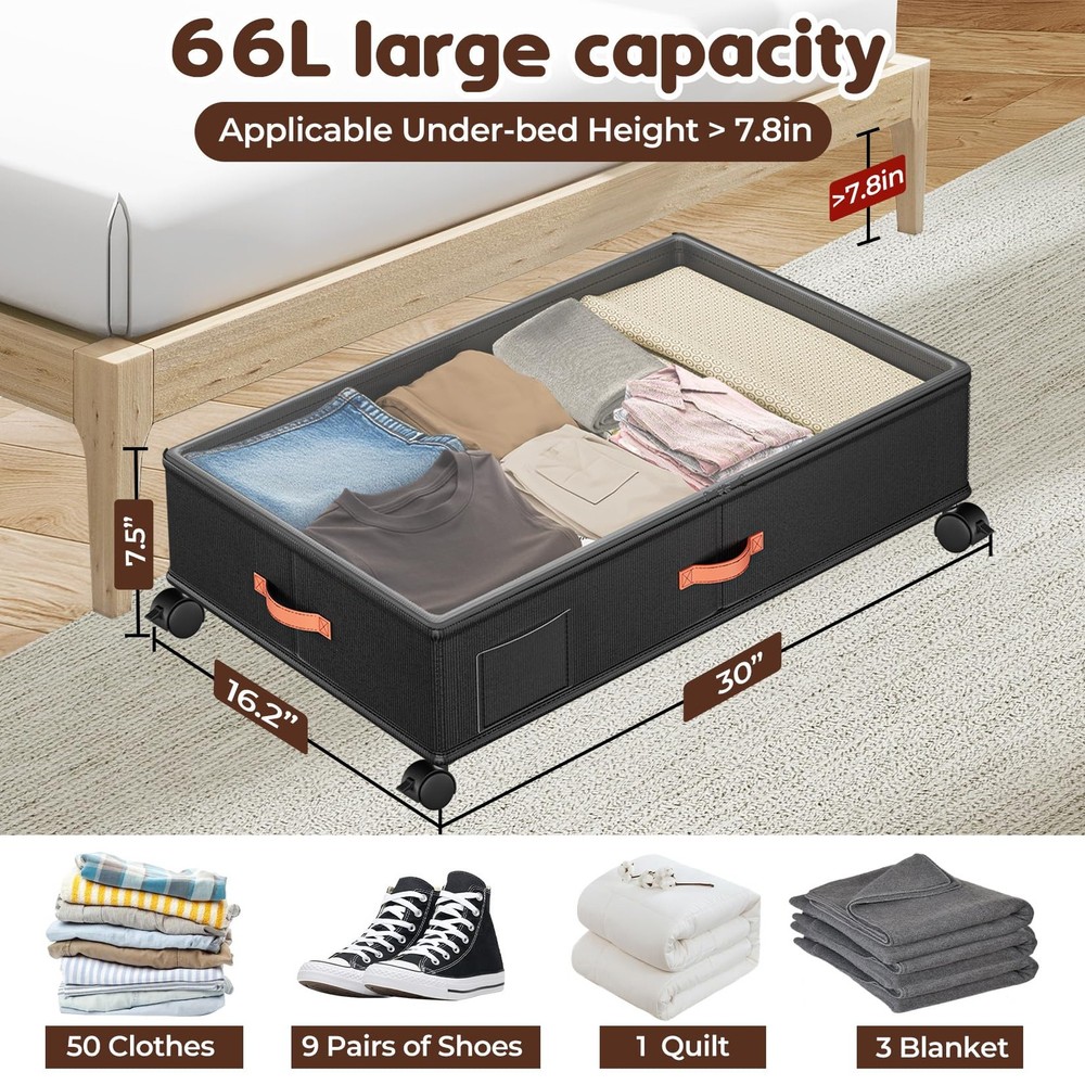 Under Bed Storage with Wheels 2-Pack, Under Bed Storage Containers 66L Clear ...