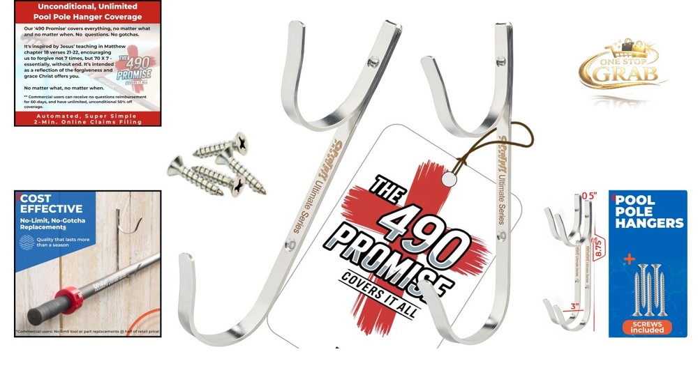 ProTuff Pool Pole Hanger Set 2 Pack Stainless Steel Utility Hooks Rust-Proof