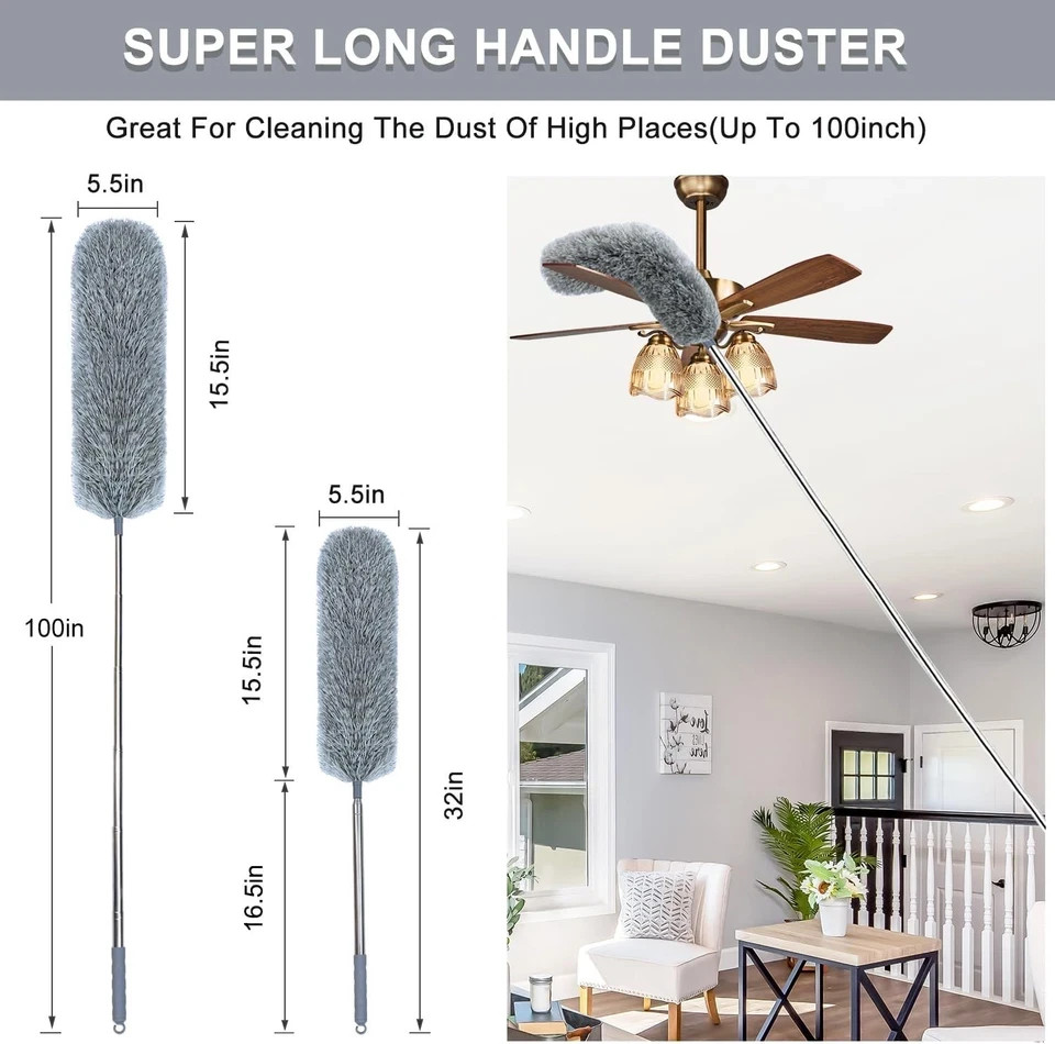 Microfiber Feather Duster with Extendable Pole, 100-inch Extra-Long Dusters Tele