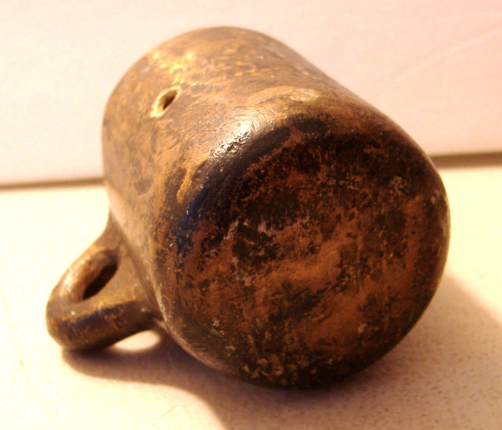 VINTAGE~SMALL HEAVY METAL HANDLE CUP~ROUNDED BOTTOM~OPENING ON SIDE