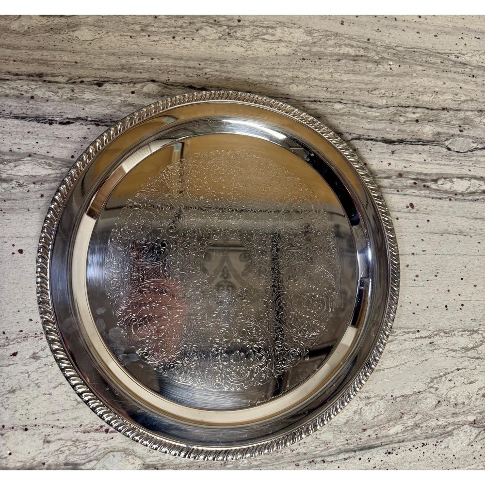 Vintage Leonard Silverplate Round Serving Tray – 16” Ornate Etched Platter