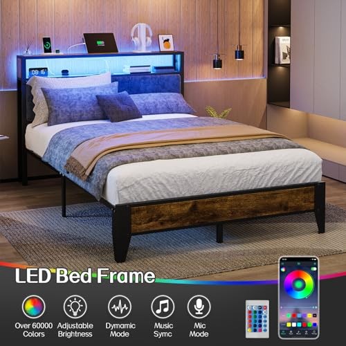 Bed Frame with Headboard, Metal Platform Bed Size with 2-Tier Storage, Full
