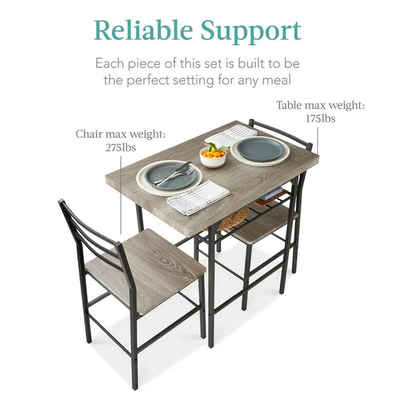 3 Piece Dining Set Gray Black Storage Compact Kitchen Dining Room Square Modern
