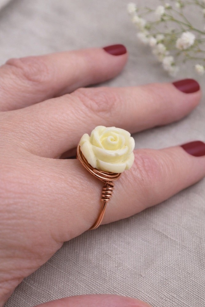 andmade White Rose Copper Wire Ring – Artisan Floral Statement Ring