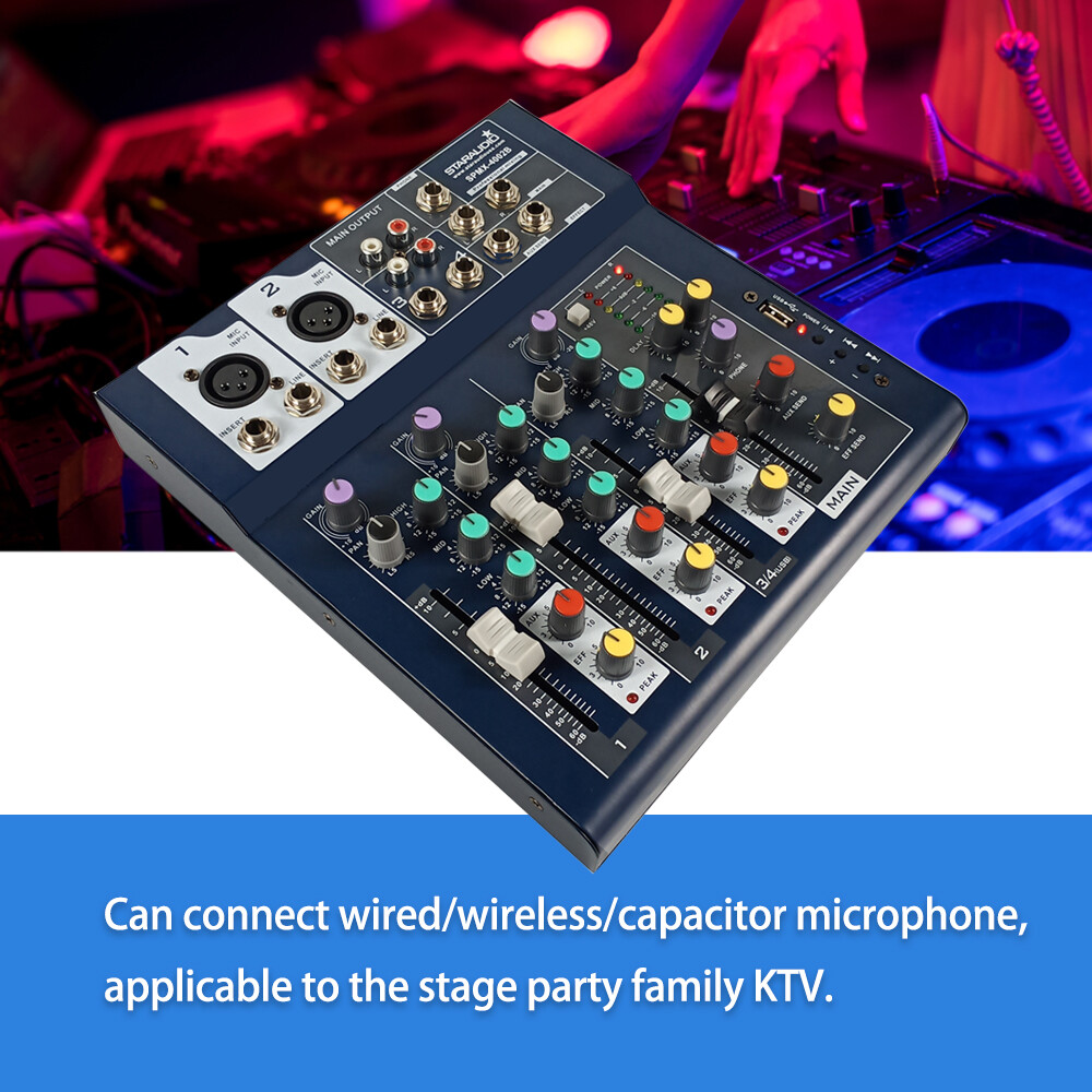 4 Channel Mini Mixer Audio Stage Console USB BT 48V Phantom Live Studio Mixing