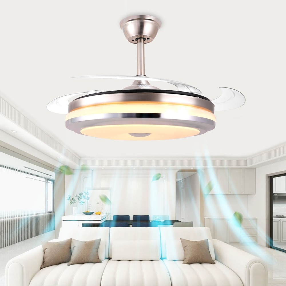 42" Retractable Invisible Ceiling Fan Light with 3-Color Light & Remote  Control