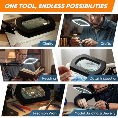 10X 30X Lighted Magnifying Glass with Stand & Clamp, 7" Large Rectangular Black