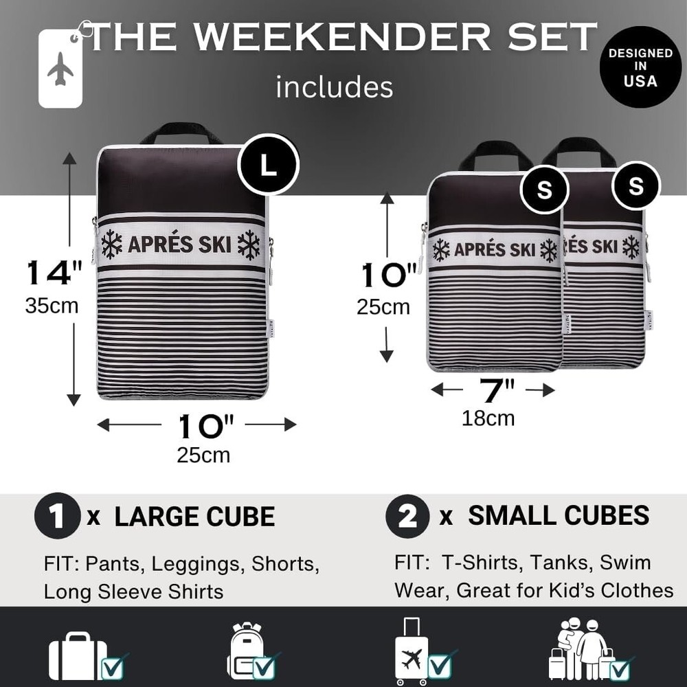 Apres Ski Compression Packing Cubes 3pc Set for Suitcase & Backpack Organizers