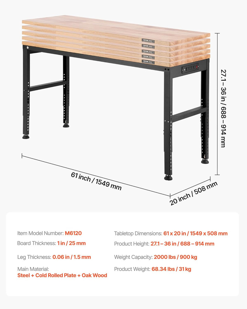 Adjustable Workbench, 2000 Lbs Capacity, 61 X 20-Inch Heavy Duty Work Bench with