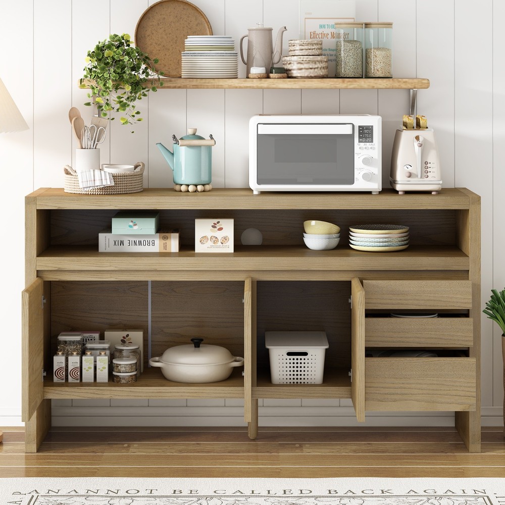 60" Modern Solid Ash Veneer Sideboard (3 Doors+3 Drawers, Semi-Open Shelf