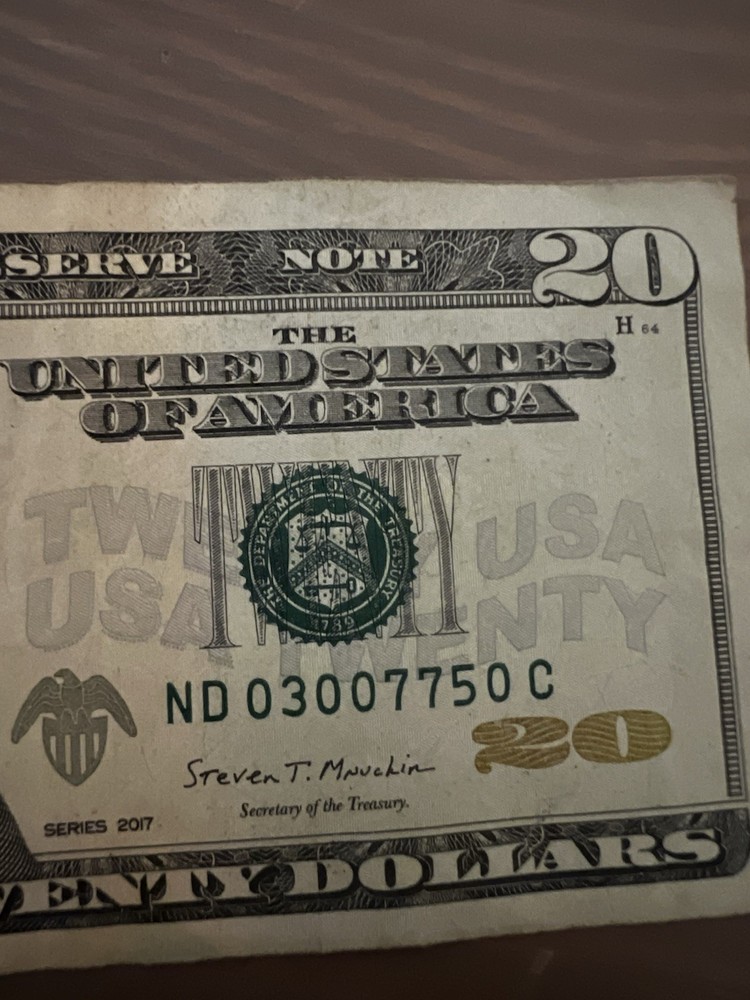 2017 $20 Federal Reserve Note Error Bill Serial ND03007750C Circulated