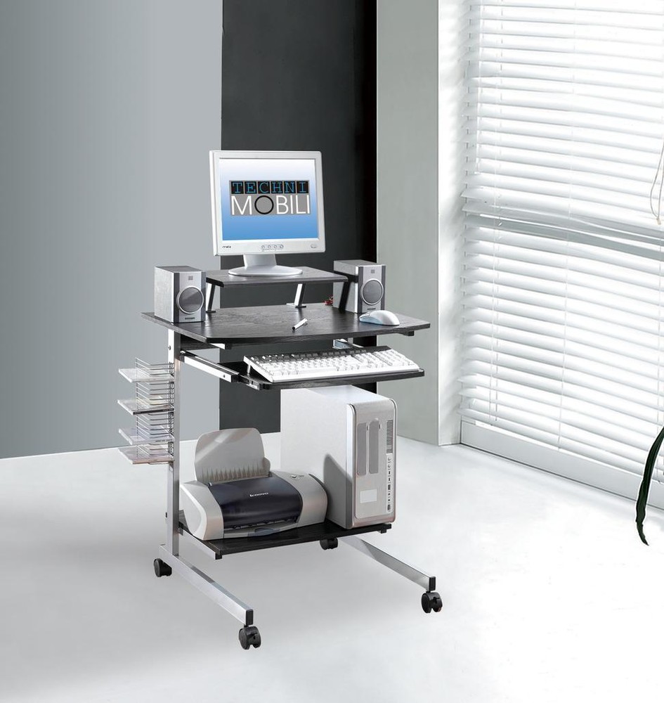 Compact Mobile Computer Desk with a Pullout Keyboard Tray and Shelf in Espresso