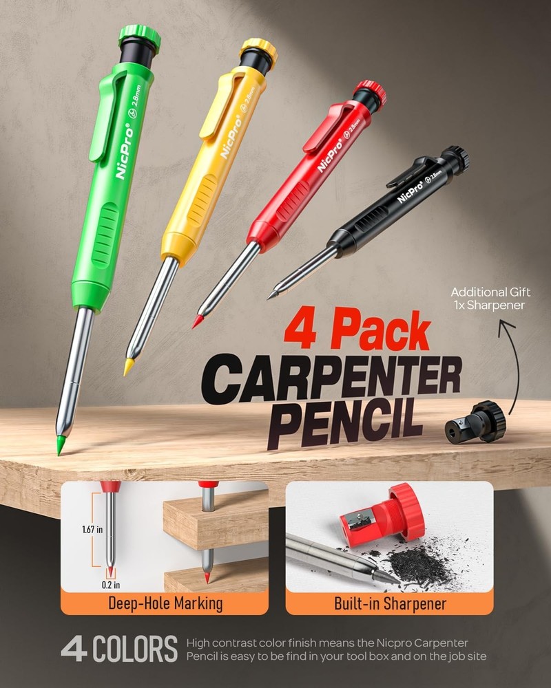 Nicpro 4 Pack Mechanical Carpenter Pencil with Sharpener & 52 Refills