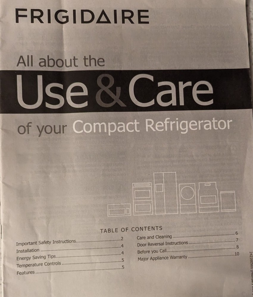 Operating Manual Frigidaire Compact Refrigerator  Serial/Model #'S
