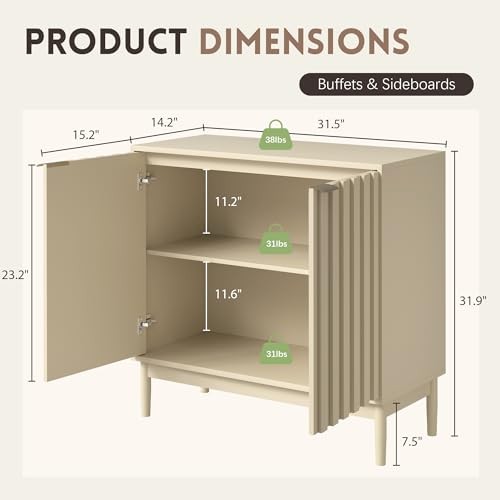 Fluted Sideboard with Storage, Buffet Cabinet Sideboard with 2 Doors Beige
