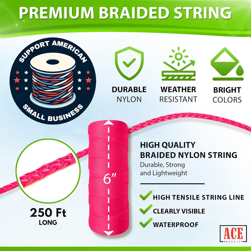 Fluorescent Pink Mason Line String Line - #18 Braided Nylon String - 250 Ft Leng