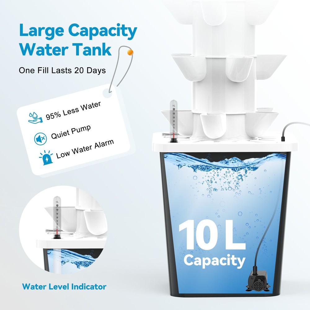 Vertical Hydroponic Tower System 6-Tier 30-Pod Grow Light Timer Indoor Growing