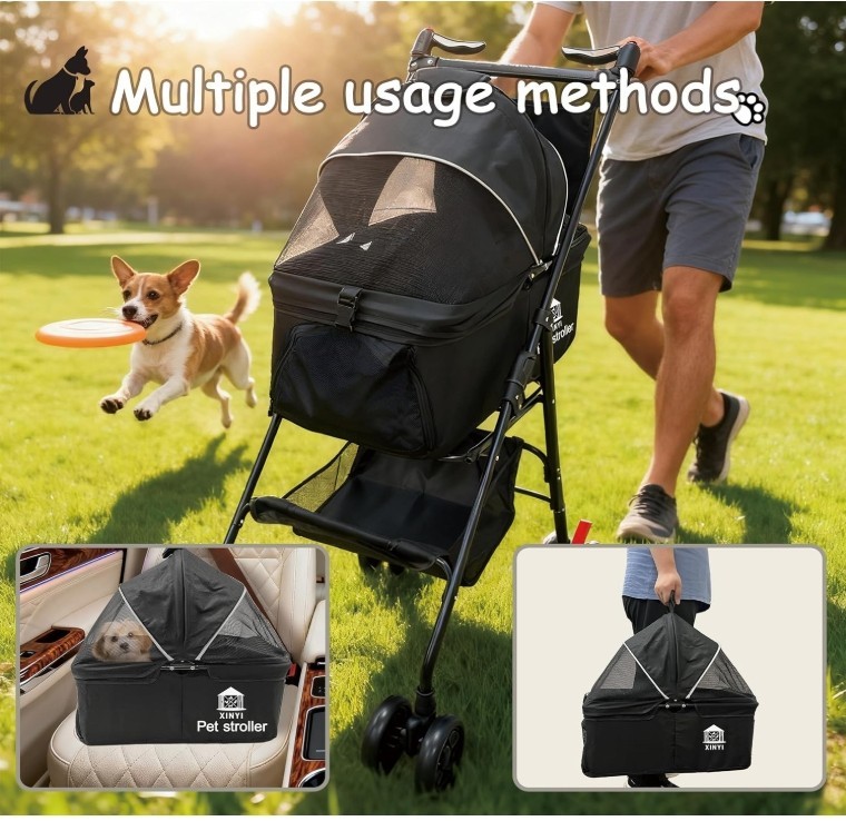 Foldable Pet Stroller Dog Cat Carrier Mesh Canopy Rain Cover Storage