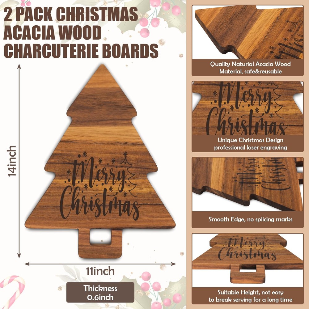 2 Pcs Merry Christmas Wooden Cutting Board Xmas Tree Kitchen Charcuterie Boar...