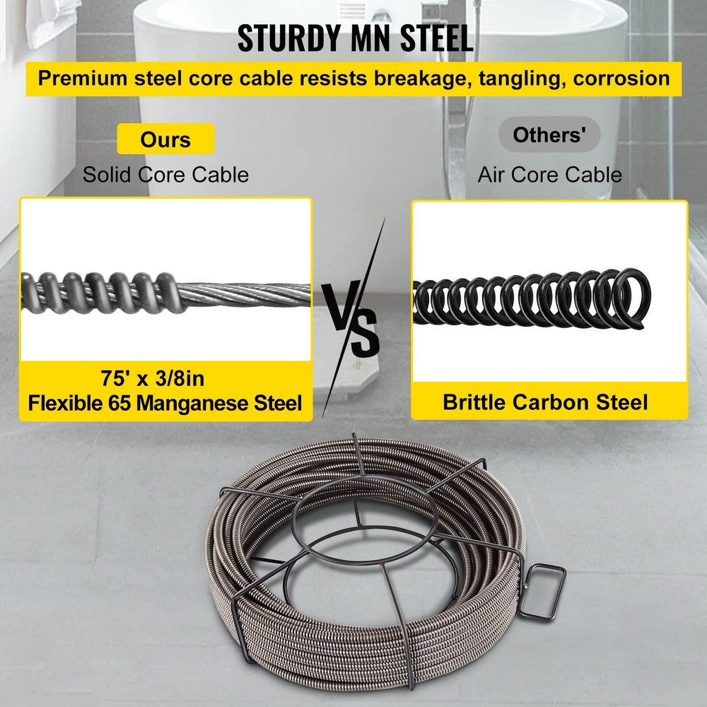 VEVOR Drain Cleaning Cable 75ft x 3/8 inch Solid Core Sewer Black