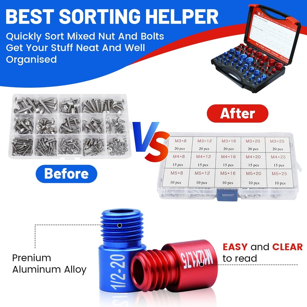50PCS Thread Checker Kit – SAE & Metric Bolt Thread Checker, Nut & Bolt Size ...