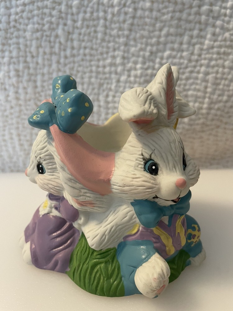 Vtg Handpainted Giftco Ceramic Easter Bunny Faces Candy Flower Holder Decor