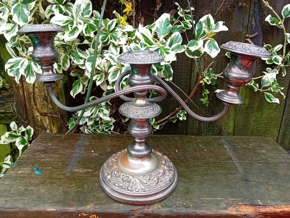 silver plate candelabra 10" tall 3 holders [silver on copper ]