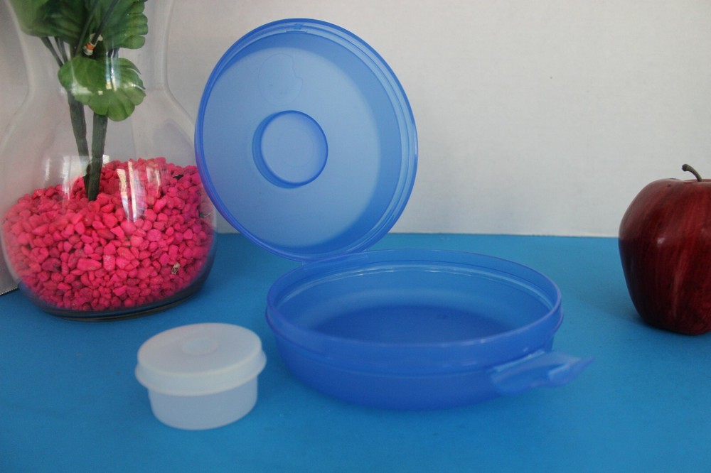 Tupperware BLUE Round SANDWICH Bagel KEEPER includes fitted condiment Smidget